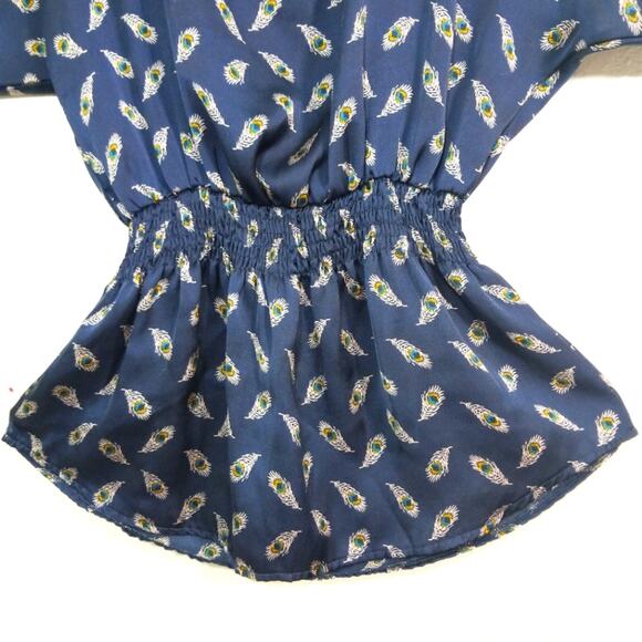 Bohemian peacock feather satiny smocked top S - Picture 4 of 8